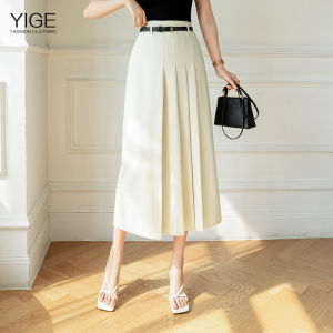 YIGE Grey pleated long skirt for women 2023 new autumn season suit work skirt with high waist and slim A-line half length skirt