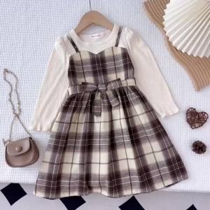 Bear Leader | Bear Leader Autumn Fashion New Kids Dresses for Girls Khaki Plaid Camisole Skirt Fake Two-piece+ Hat Spring Casual Girls Clothes