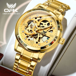 OPK Automatic watch for men original waterproof 2024 diamond skeleton dial luminous stainless steel gold relo men watches
