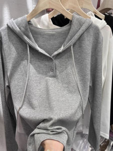 Áo Thun Nữ Dáng Ôm Có Mũ Trùm Đầu Màu Trơn Thường Ngày Đa Năng Dệt Kim Mùa Xuân Thu Mới Đơn Giản Áo Lót