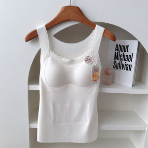 Warm Fleece Lined Silk Vest Womens No Bra Needed Inner Wear Top with Lace Trim Thickened Underwear for Autumn Winter