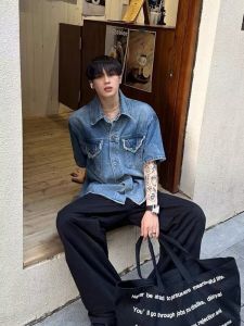 American Retro Washed Padded Shoulder Denim Short Sleeve Shirt Mens Fancy Handsome Work Clothes Shirt Special-Interest Design Outwear