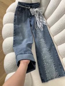 Women Jeans Pants Baggy Jeans Spring Flare Trousers Lace Applique Crystal Wide Leg Pearl Slit Distressed Design