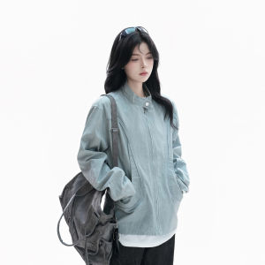 zuocisankon | Áo Khoác Nữ Kiểu Mỹ Retro Rửa Mòn Thiết Kế Có Zipper Form Rộng Cho Mùa Thu