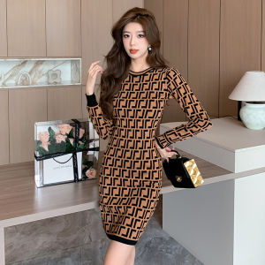 LUCKIN STORE Autumn/Winter Slim Fit Jacquard Long sleeved Knitted Dress Womens Style Waist Wrap Hip Dress