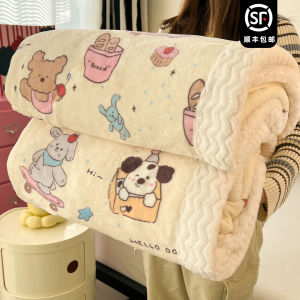 Thickened Coralline Velvet Doggies Milk Cotton Sandwich Filling Creamy Soft Cozy Warmth Bedroom Blanket Cartoon Design Casual