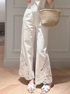 White Embroidered Flared Pants Womens Commute Style Slimming Casual Wide Leg Pants Autumn New Arrival Small Size Holiday Wind