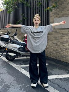 Plus Size Ladies American High Street Fashion Brand Gray Oversized Short Sleeve T-Shirt Female Loose Chic Hong Kong Style Top Retro Minority