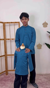 🔸【 Kurta Slim Fit Warna Teal Blue 】Kurta Budak & Dewasa Sedondon Kain Cotton PREMIUM / KURTA RAYA D024K KD SET / SFPC