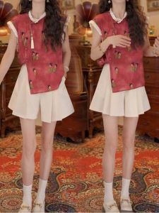 Shalldoer | New Chinese Style Womens Summer Retro Print Shirt And Short Skirt Two-Piece Set Round Neck Short Pants With Button Detail