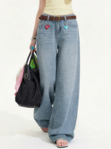 Unifree | Splat Diamond Wide Leg High Waisted Slim Fit Light Washed Denim Trousers