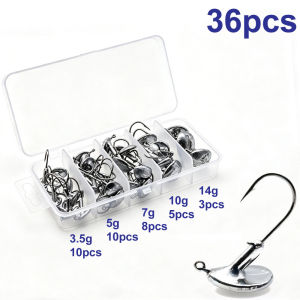 36pcs/box 3.5g/5g/7g/10g/14g Tumbler Head Hook Jig Bait Fishing Hook For Soft Lure Fishing Tackle fishing tackle accessorie