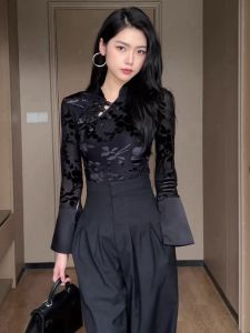 New Chinese Style Long Sleeve T-Shirt Womens Slim Fit Button up Versatile Fashionable Korean Version Autumn Season Top