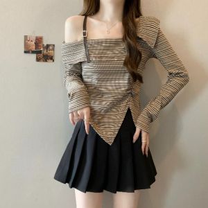 Shoulder Baring Striped Long Sleeve T Shirt Womens Autumn New Large Size Micro Plump Irregular Base Shirt Top Korean Style Loose Fit