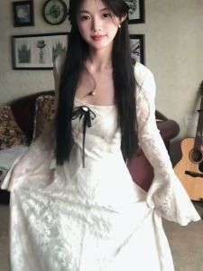 French Style Lace Long Dress Womens Autumn Butterfly Knot Waist Cinching Square Collar Dress plus Size A-Line Skirt Dress