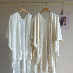 Spring Autumn Thin Knitted Shawl Womens Hollow Tassel Fashion Outerwear New Chinese Cheongsam White Cowl Neck Wrap Multifunctional