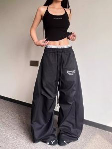 Summer 2025 New American Retro Straight Leg Wide Leg Pants Workwear Casual Long Trousers High Waist Elastic Polyester Fiber