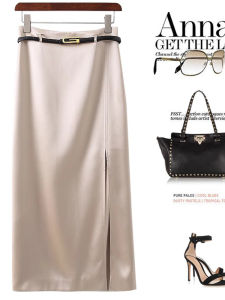 Elegant Satin Half Skirt High Waist Slit Mid-Length Womens Fashion Commute Korean Style Straight Cut Midi Skirt