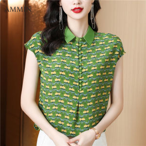 Ammin 2023 mùa hè mới ve áo thời trang vải đáp nhiều mảnh in hoa tay ngắn cỡ lỡn S-3XL áo cánh vải voan phong cách Hàn Quốc Tay áo raglăng ép áo thun đi lại áo blouse thanh lịch