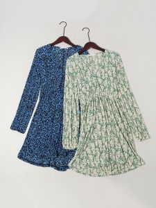 Spanish Singles Wrinkle Stylish Pleated Print Long Sleeves V Neck Dress Slim Looking Waist-Tight Midi Skirt Womens Spring