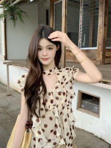 GUZILIAN | Ruffle Bow Tie Polka Dot Flying Sleeve Chiffon Blouse