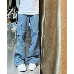 Blue Striped Workwear Jeans Men Summer Loose American Retro Vibe Pants Overalls Knife Edge Flared Trousers Straight Leg Jeans