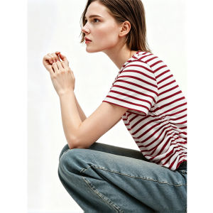 AMII | Casual Short Sleeve T-Shirt Flower Print Color Block Stripe