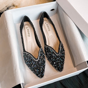 Pointed Toe Flat Shoes Water Drill Decor