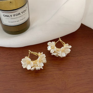 Bridal Range - Statement Round Pearl And Gold Petaled Flower Hoop Earrings