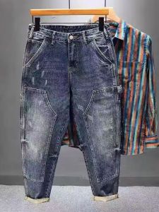 Trendy Workwear Jeans Mens Loose Fit Vintage Straight Leg Harlan Pants Multiple Pockets Durable Casual Wear Classic Blue