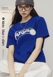 MADEN brand Women Youth 2025 Summer New Klein Blue Short sleeved Baseball American Pure Cotton Round Neck Casual Loose Shoulder Slimming T-shirt