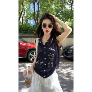 YUEZHONGWEI | Cartoon Embroidery Ice Silk Linen Womens Summer Slim Fit Sleeveless Polo Shirt