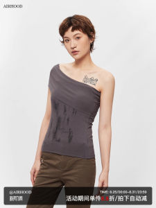 Airhood Summer Vintage Asymmetrical Slim Fit Short Sleeve T-Shirt Women Stylish Shoulder Bared Spicy Top Creative Print Hot Girl Style