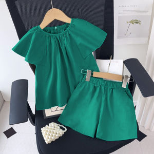 Bear Leader Baby Girls Cotton Clothes Set Summer Solid Color Flutter Slevees T-shirt and Short Pants 2Pieces Suits Outfits Kids Clothing 3-7 Years Toddler Casual Wear