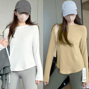 เสื้อยืดยูจิสแขนยาวทรงเข้ารูปสำหรับผู้หญิง สีขาว ลำลอง อบอุ่น เสื้อชั้นใน วิ่ง โยคะ ทรงเข้ารูป ผ้าฝ้าย โพลีเอสเตอร์ ปกติ