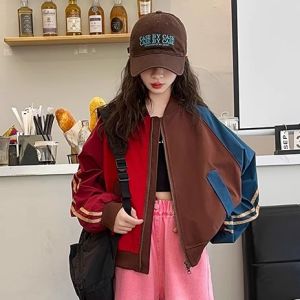 MPW | Girls Baseball Jacket 2025 Autumn Fashion Korean Style Color Block Coat Childrens Outerwear Breathable Machine Washable Short Sleeve