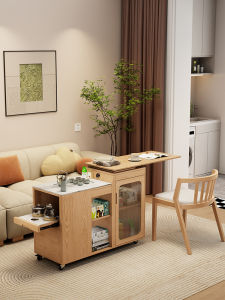 Mobile Tea Table Home Use Tea Cart Solid Wood Tea Desk Rock Plate Tea Table Built-In Embedded One-Piece Tea Kettle Storage Space