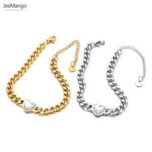 JeeMango Nữ Thép Không Gỉ Đính Đá Cubic Zirconia Trái Tim Cuba Dây Xích Vòng Tay Mạ Vàng PVD Chống Thấm Nước Trang Sức JB24052
