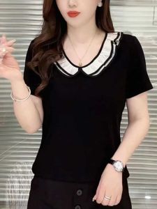 ฤดูร้อน ใหม่ คอวี แขนสั้น เสื้อเบลาส์ ผู้หญิง แฟชั่น พรางหุ่น สไตล์เกาหลี ตุ๊กตาคลุมท้อง ปกเสื้อ เรียบง่าย เสื้อท่อนบน