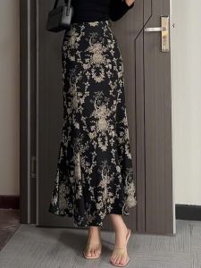 Elegant Vintage Print Design High Waist Slim Fit Long Skirt Womens Autumn New Style Fish Tail Half-length Skirt Commute Korean Style