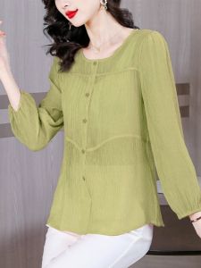 เสื้อเชิ้ตแขนยาวผ้าลินินผสมไหมสำหรับผู้หญิง ฤดูใบไม้ร่วง 2024 แฟชั่นใหม่ เสื้อคลุมท้อง ทรงสลิมฟิต เสื้อผ้าทำงาน