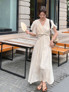 La Chapelle Peach V-neck Butterfly Sleeve Waist-cinching Dress Elegant French Style A-line Long Dress Commute Suitable