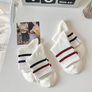 Womens Summer Thin Cotton Stripe Socks White Sports Mid-Calf Spring Autumn Fashion Korean Japanese Versatile Breathable Moisture Wicking