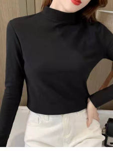 Womens Pure Color Double-sided Cashmere Half-high Collar Long Sleeve Base Shirt Fashionable Inner Wear T-shirt for Autumn Winter