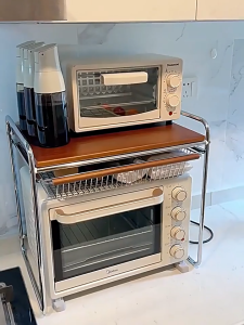 Double Pull-out Microwave Rack Multi-functional Kitchen Appliance Storage Shelf with Removable Mesh Baskets