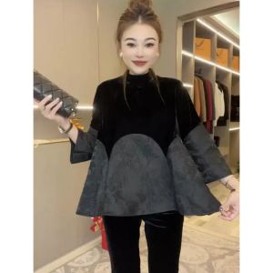 Velvet Patchwork Loose Base Layer Top Womens Fashion Retro Slimming Doll Shirt Spring New Style Commute Style round Neck Nine Sleeve