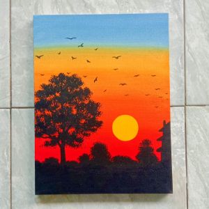 Lukisan Kanvas Canvas Hiasan Pajangan Dekorasi Dinding Pemandangan Ruang Tamu Kamar Rumah Minimalis Aesthetic Handmade Asli Hasil Buatan Tangan Motif Pantai Ilalang Ukuran 30x40cm