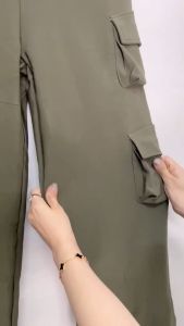Ginza6 Stretchable New 2025 Fashion Trendy High Waist Wide leg 6 pocket cargo pants for women loose fitting 4308#