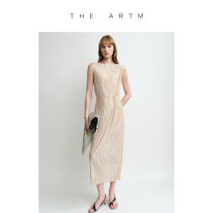 THE ARTM | Pleated Boat Neck Faux Linen Dress