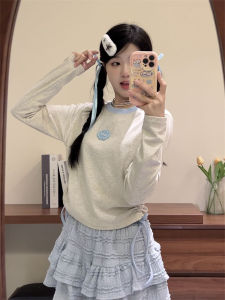 Long Sleeve T-Shirt Letter Print round Neck Binding Waist Short Style Autumn Base Top for Women Creative Cotton Polyester Blend